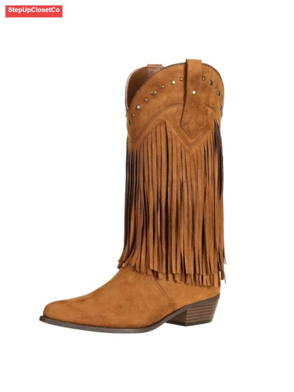 Faux Suede Fringe Cowboy Boots Pointed Toe Chunky Heel Mid Calf Western
